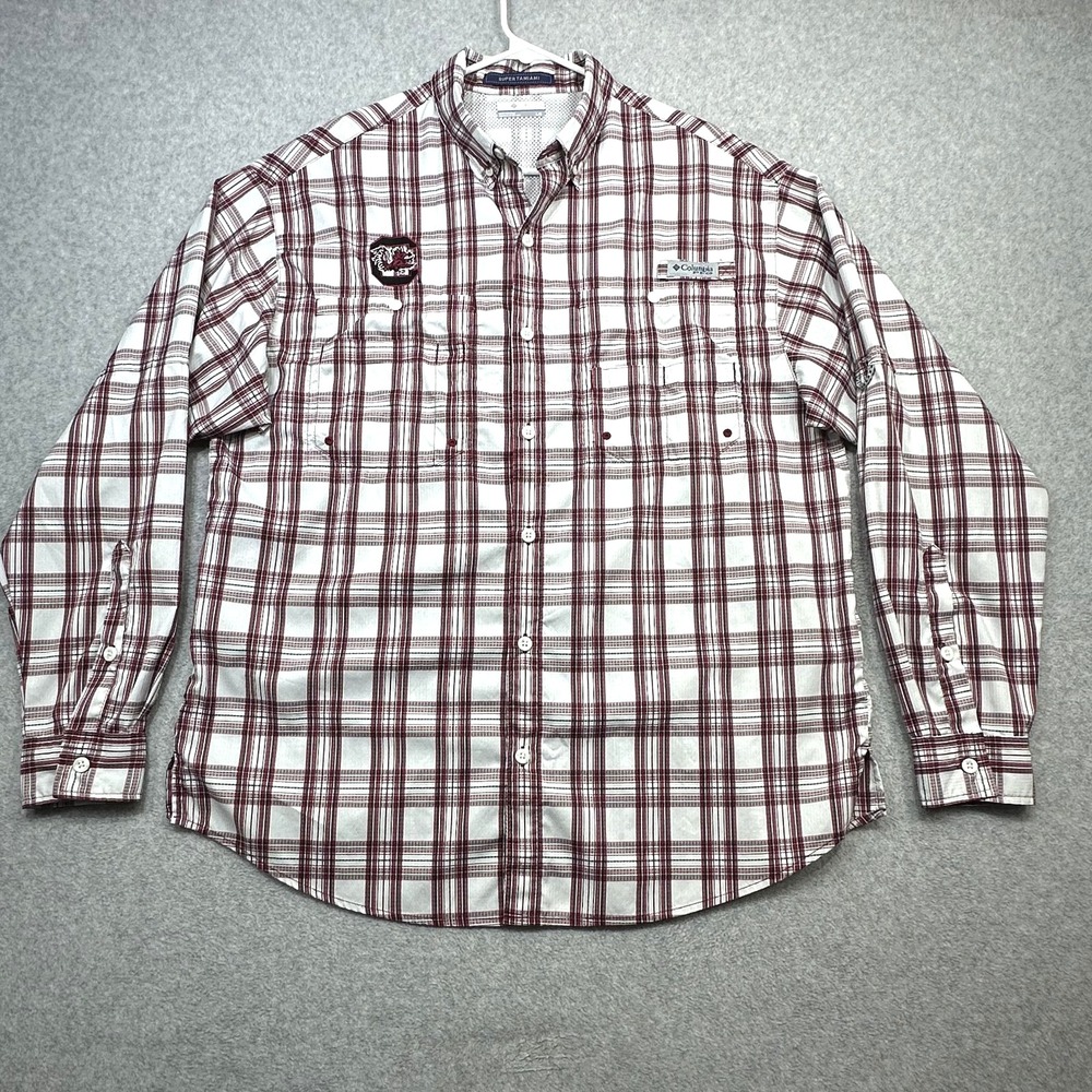 South Carolina Gamecocks Shirt Mens Large White Plaid NCAA Fishing Columbia PFG